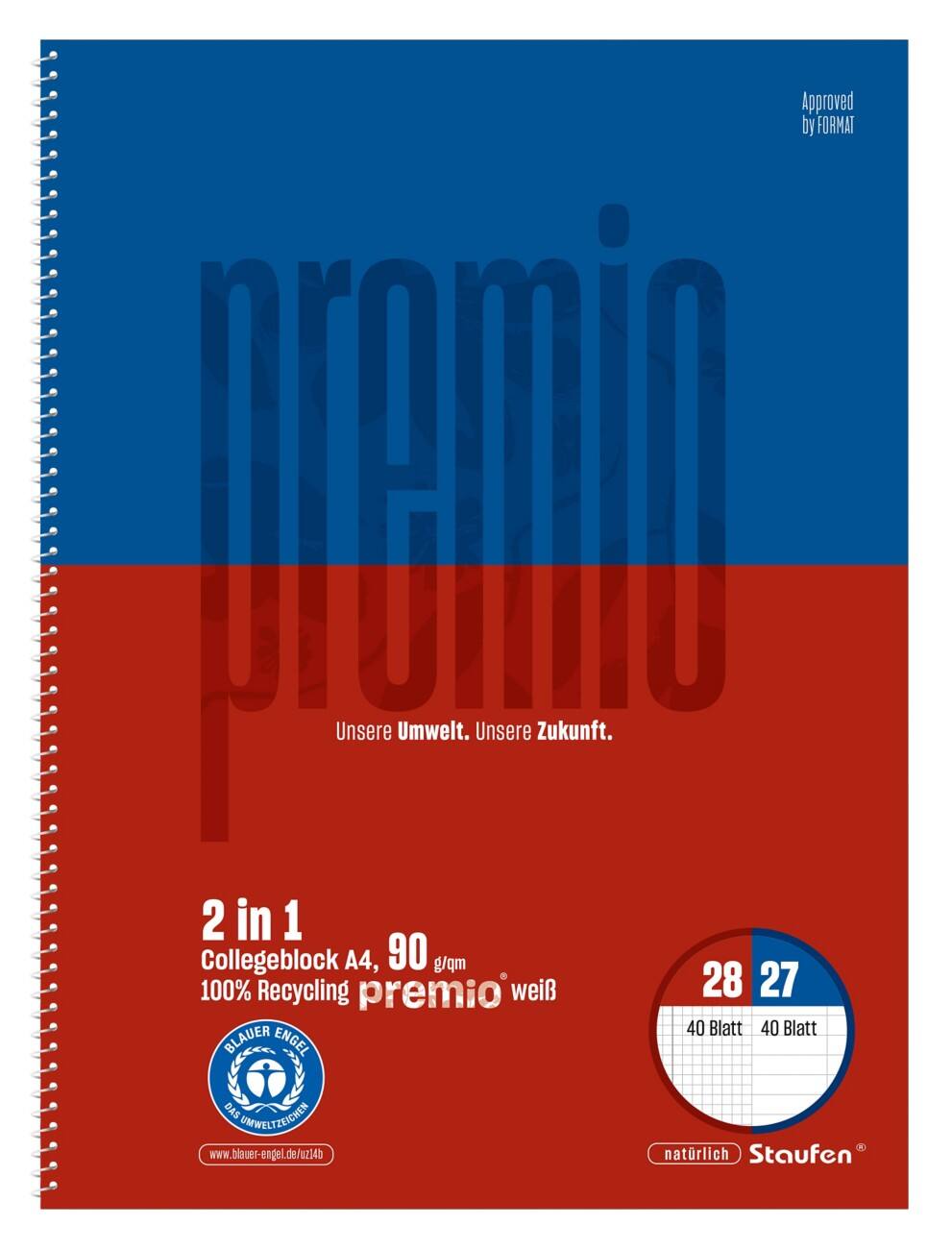 Cahier Premio Twice 27/28 A4 80 Sheets 90 g/m² Bleu/Rouge Ligné/Quadrillé 4 perforations