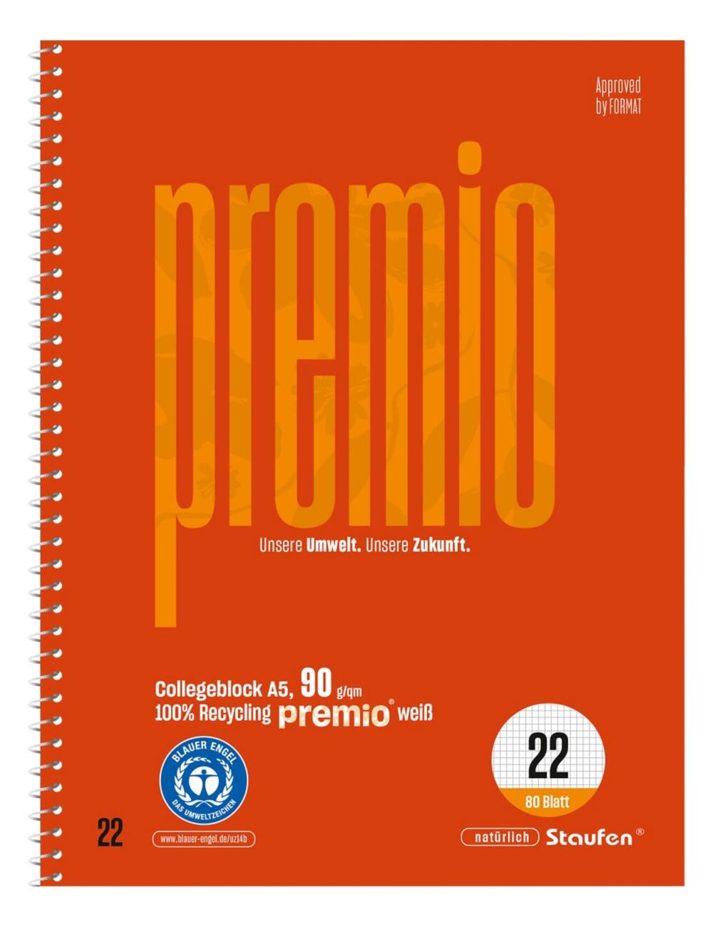 Cahier Premio Lin22 A5 80 feuilles 90 g/m² Rouge 5 mm Quadrillé 6 perforations