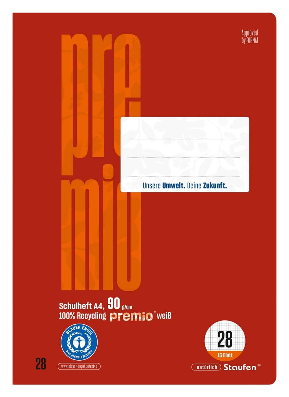 Cahier d'exercice Premio Lin28 A4 16 feuilles 90 g/m² Rouge 5 mm Quadrillé