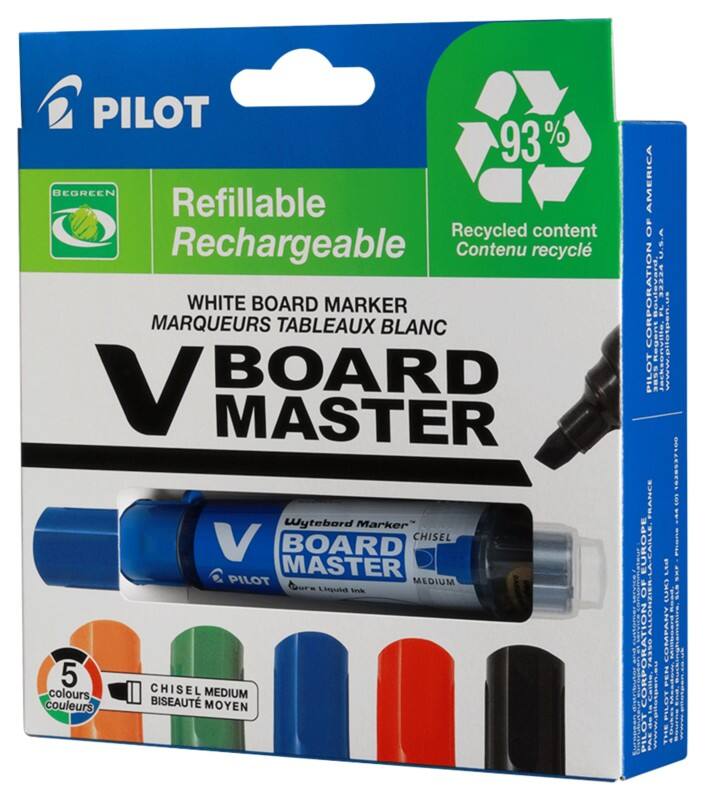 Marqueur Pilot V-Board Master M Assortiment Moyen Biseauté 5,2 mm 50% Recyclé 5 Unités