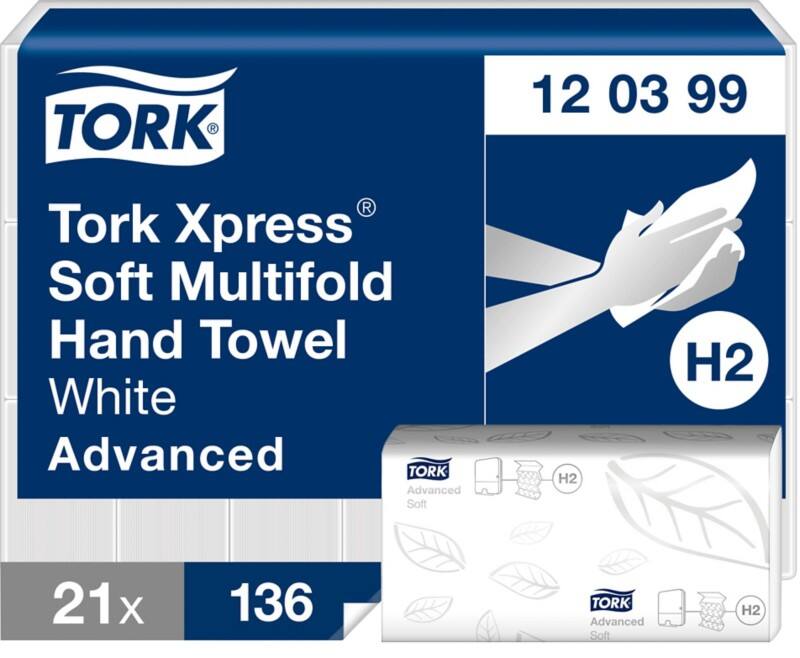 Essuie-mains Tork Xpress Advanced  H2 Pliage en M Blanc 2 épaisseurs 120399 21 Unités de 136 Feuilles