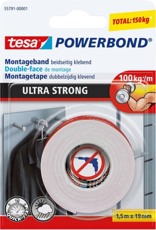 Ruban adhésif de montage tesa Powerbond Ultra Strong 55791 Blanc 19 mm (l) x 1,5 m (L) Caoutchouc synthétique