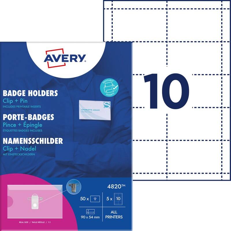Badge nominatif AVERY Zweckform Pince combi 9 x 5,4 cm Papier, plastique 50 unités