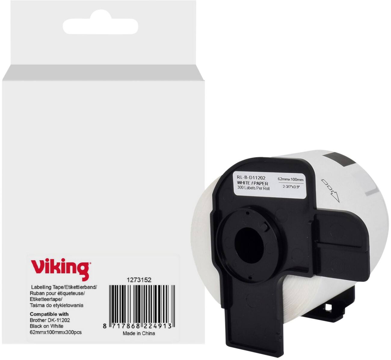 Rouleau d'étiquettes Viking Compatible Brother DK-11202 WB-BRRLD11202-WT Adhésif Noir sur blanc 62 x 90 mm Thermique