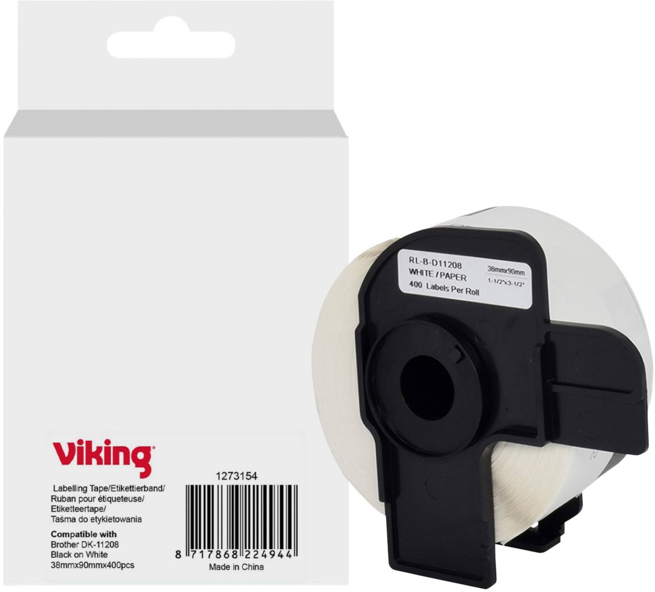 Rouleau d'étiquettes Viking Compatible Brother DK-11208 WB-BRRLD11208-WT Adhésif Noir sur blanc 38 x 65 mm Thermique