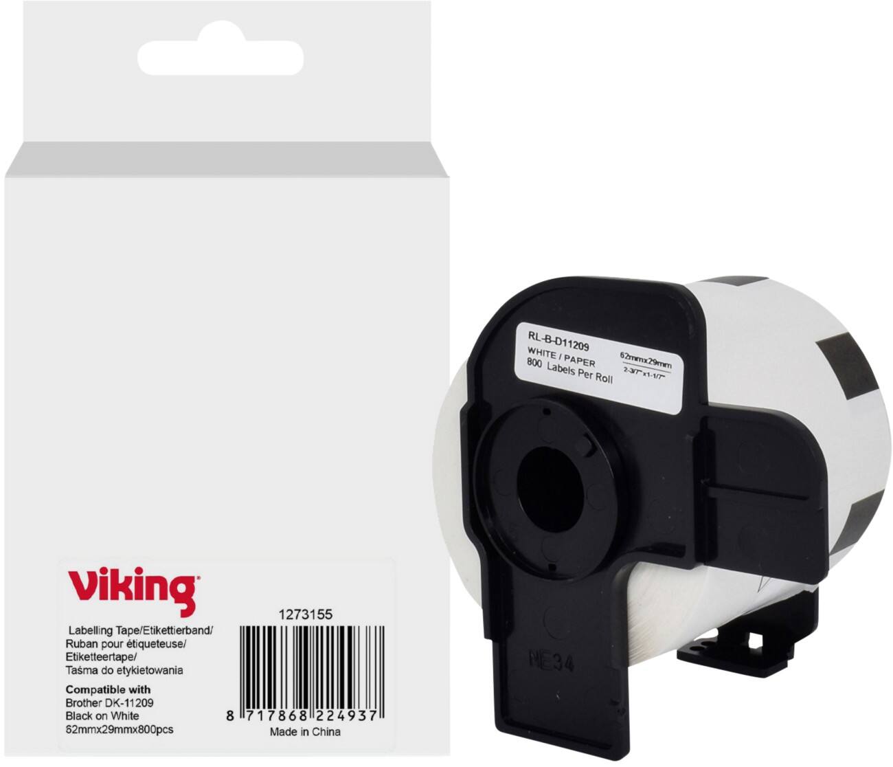 Rouleau d'étiquettes Viking Compatible Brother DK-11209 WB-BRRLD11209-WT Adhésif Noir sur blanc 62 x 90 mm Thermique