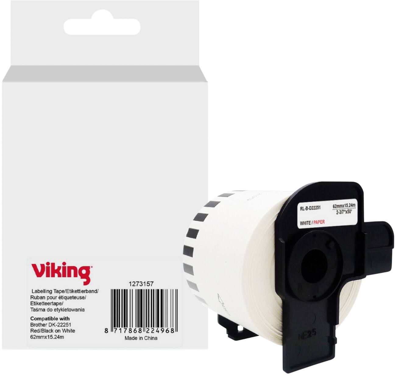 Rouleau d'étiquettes Viking Compatible Brother DK-22251 WB-BRRLD22251-WT Adhésif Noir sur blanc 62 x 90 mm Thermique