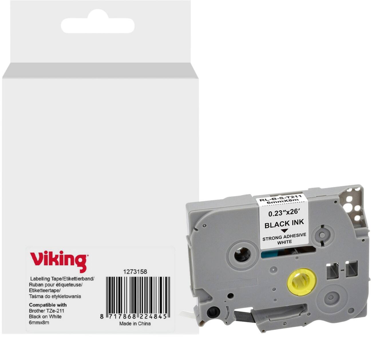 Ruban d'étiquettes Viking Compatible Brother TZe-211 WB-BRRLT211-WT Adhésif Noir sur blanc 6 x 93 mm Thermique