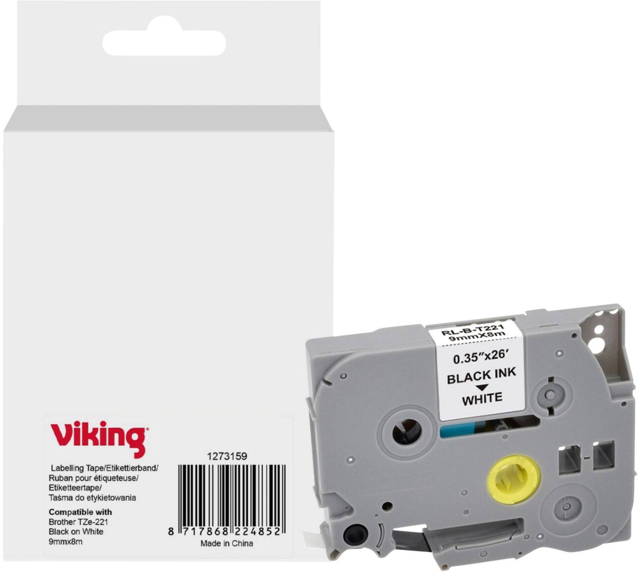 Ruban d'étiquettes Viking Compatible Brother TZe-221 WB-BRRLT221-WT Adhésif Noir sur blanc 9 x 93 mm Thermique