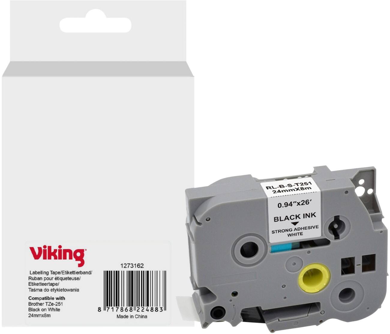 Ruban d'étiquettes Viking Compatible Brother TZe-251 WB-BRRLT251-WT Adhésif Noir sur blanc 24 x 93 mm Thermique