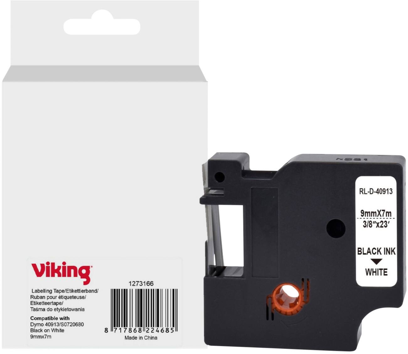 Ruban d'étiquettes Viking Compatible DYMO S0720680 WB-DMRL40913-WT Adhésif Noir sur blanc 9 x 75 mm Thermique