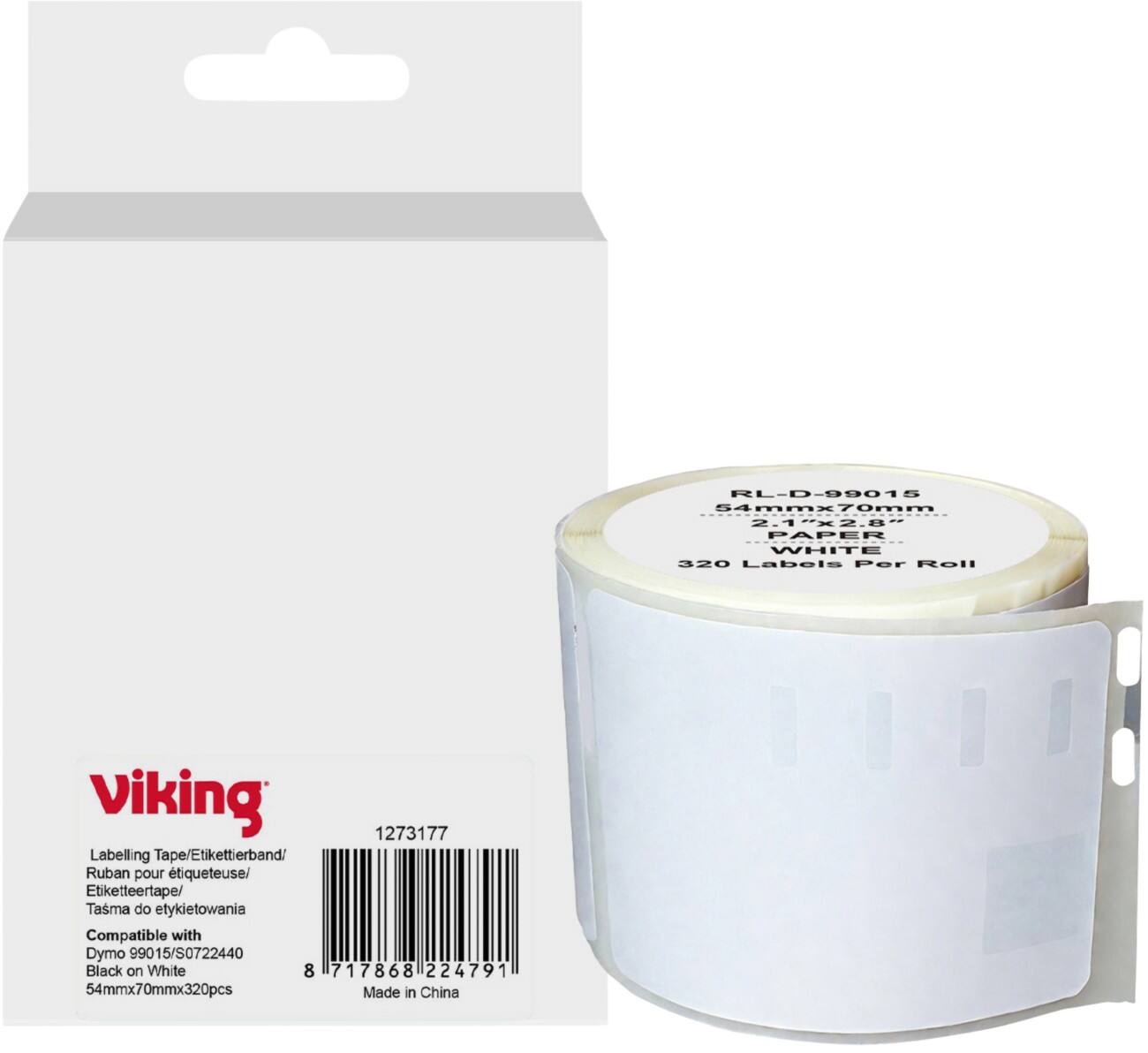 Rouleau d'étiquettes Viking Compatible DYMO S0722440 WB-DMRL99015-WT Adhésif Noir sur Blanc 54 x 64 mm Thermique 320 Étiquettes