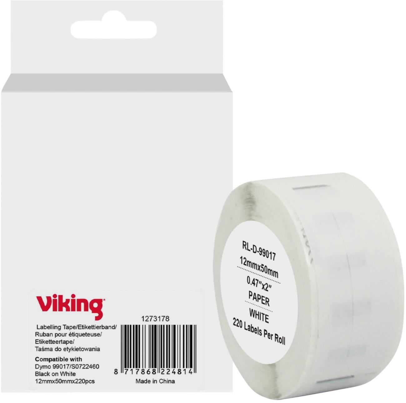 Rouleau d'étiquettes Viking Compatible DYMO S0722460 WB-DMRL99017-WT Adhésif Noir sur blanc 12 x 60 mm Thermique