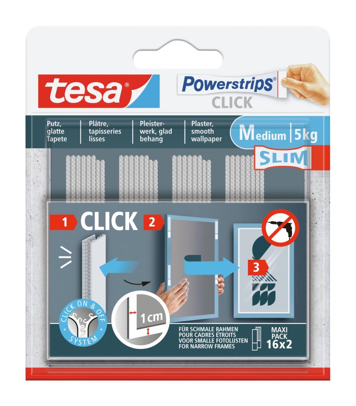 Bande adhésive tesa Powerstrips Click 2 m Slim 16 unités