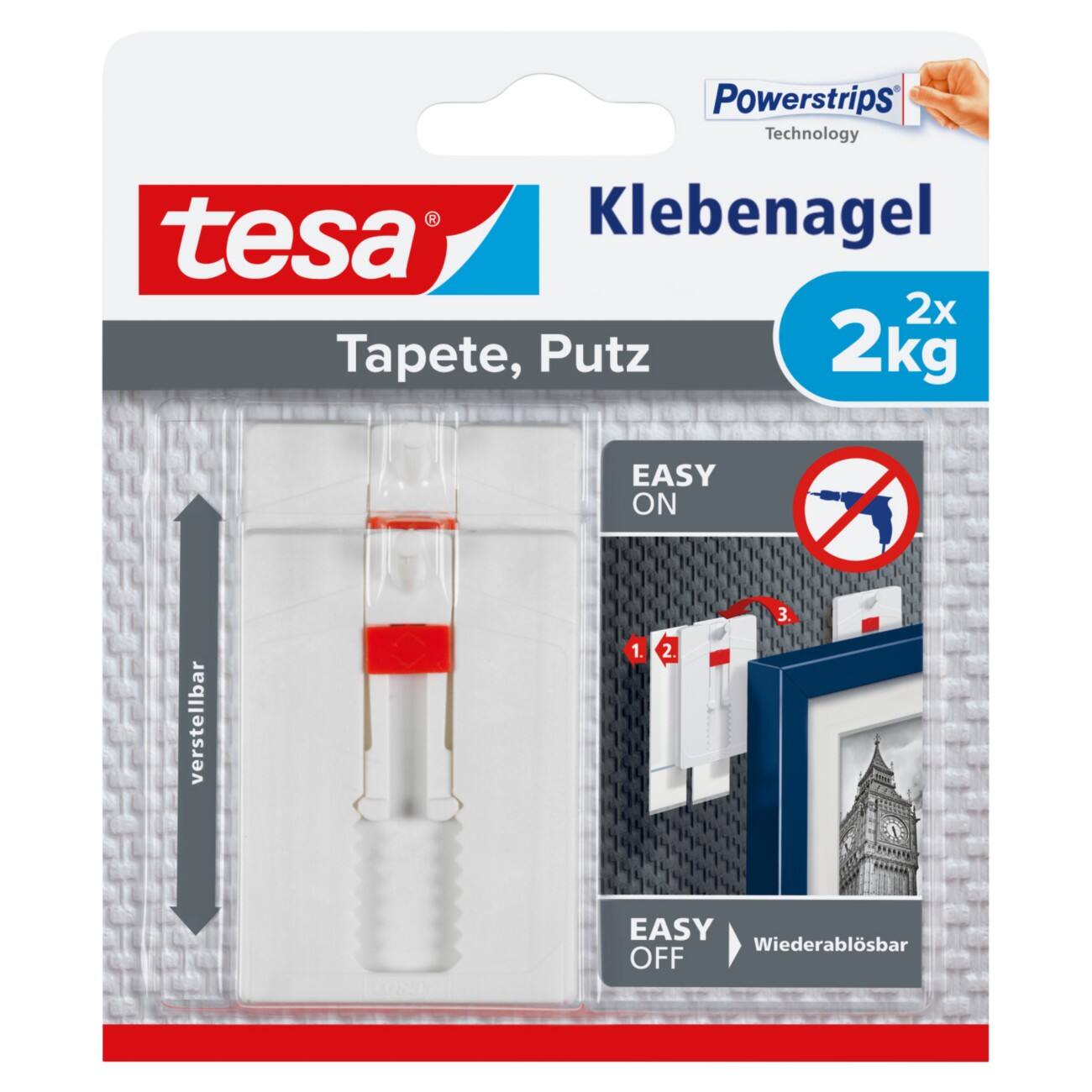 Clou adhésif tesa Ajustable Pour papier peint et plâtre 2 kg 2 unités
