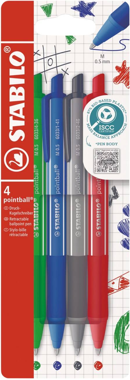 Stylo-bille STABILO pointball colorful 6033/4 Rétractable Assortiment Moyen Bille Rechargeable 4 unités