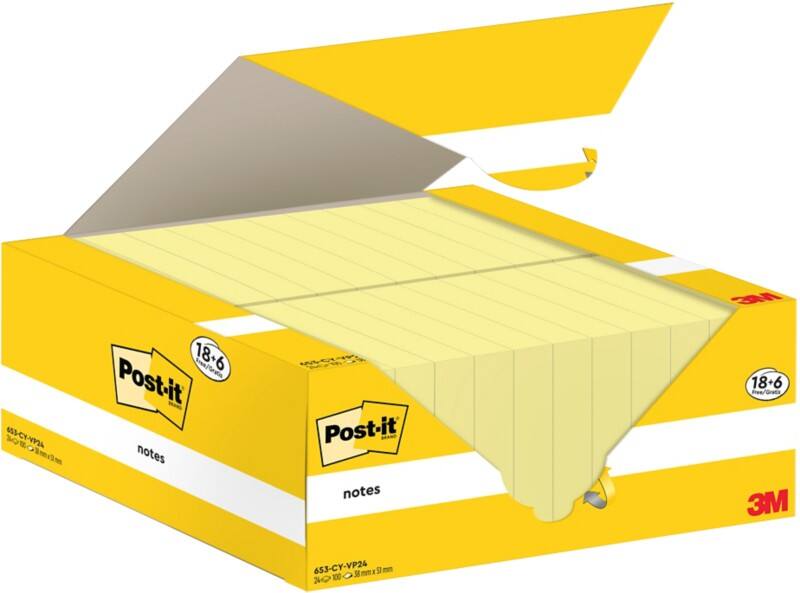 Notes adhésives Post-it 38 x 51 mm Jaune canari 24 blocs de 100 feuilles Pack économique 18+6 GRATUITS