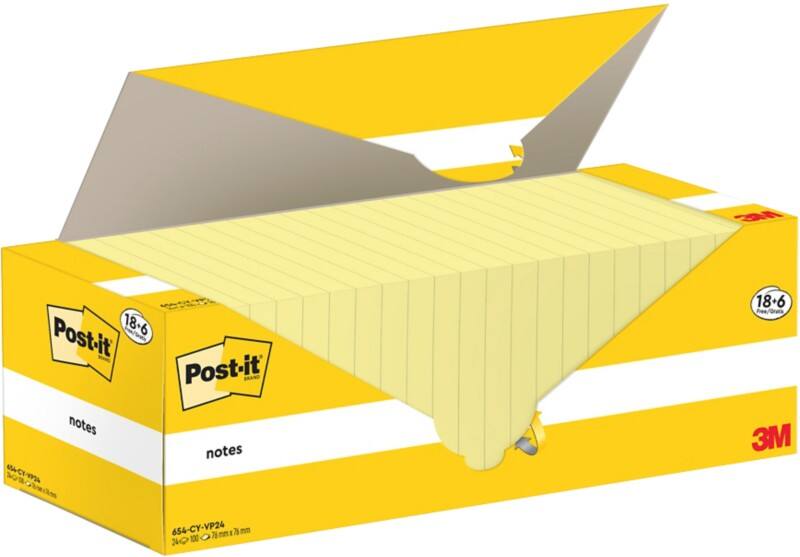 Notes adhésives Post-it 76 x 76 mm Jaune canari 24 blocs de 100 feuilles Pack économique 18+6 GRATUITS