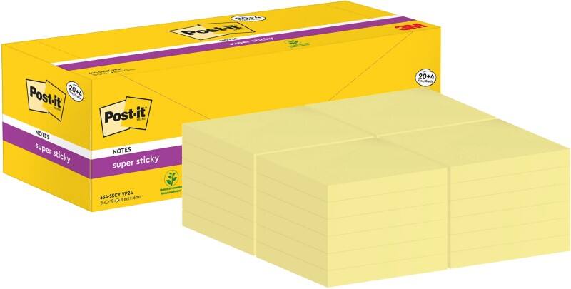 Notes Super Sticky Post-it 76 x 76 mm Jaune 24 blocs de 90 feuilles Pack économique 20+4 GRATUITS