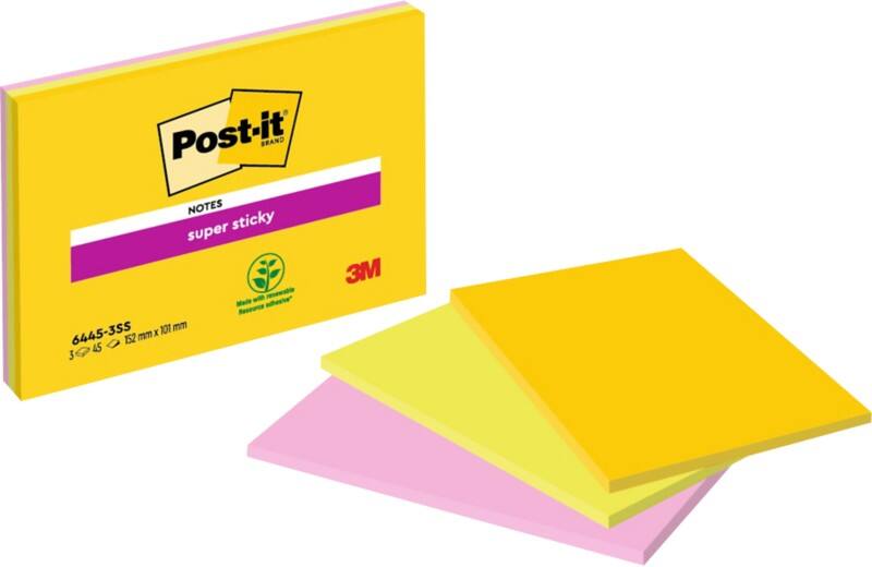 Notes Super Sticky Post-it 152 x 101 mm Assortiment 3 blocs de 45 feuilles