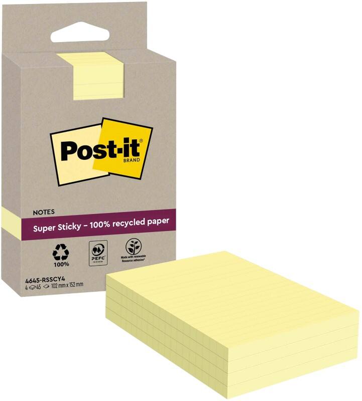 Notes Super Sticky Post-it Recyclé Jaune canari Ligné 102 x 152 mm 4 blocs de 45 feuilles