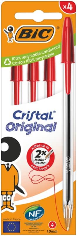 Stylo-bille BIC Cristal Original Pointe moyenne 0,4 mm Rouge 4 unités