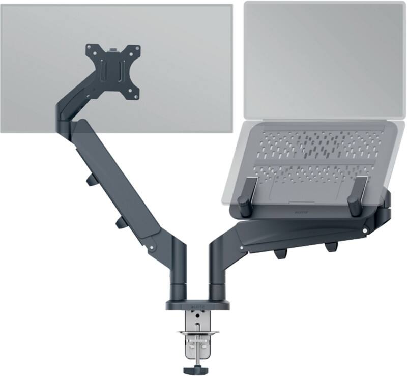 Bras double pour moniteur et ordinateur portable à faible encombrement Leitz Ergo 6538 ergonomique et taille réglable jusqu'à 32"/17" 1005 x 317 x 594 mm gris