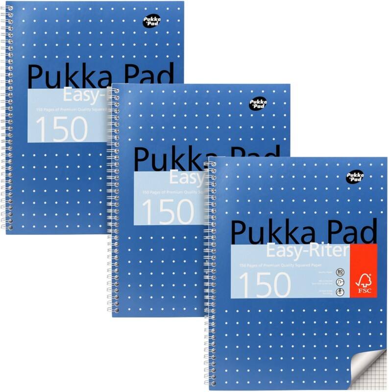 Cahier Pukka Metallic A4 Quadrillé Reliure à double fil Reliure latérale Carton Dos cartonné Bleu métallisé Perforé 150 Pages 3 Unités de 150 Feuilles