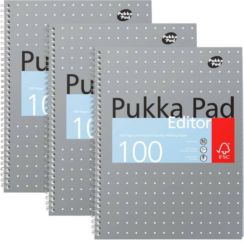 Cahier Pukka Metallic A4 Ligné Reliure à double fil Reliure latérale Carton Dos cartonné Gris Perforé 100 Pages 3 Unités de 100 Feuilles