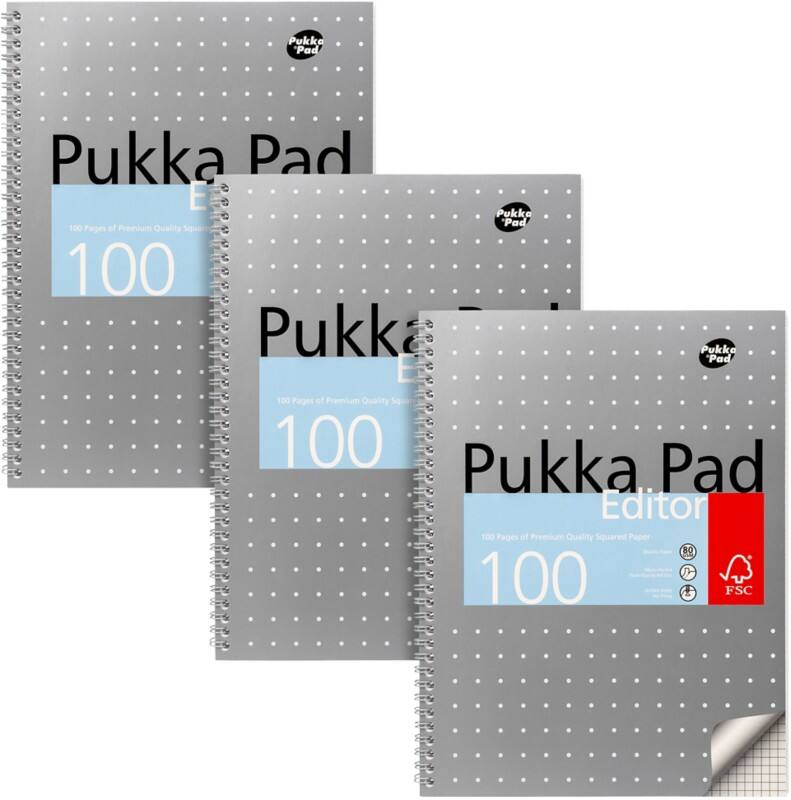 Cahier Pukka Metallic A4 Quadrillé Reliure à double fil Reliure latérale Carton Dos cartonné Gris Perforé 100 Pages 3 Unités de 100 Feuilles
