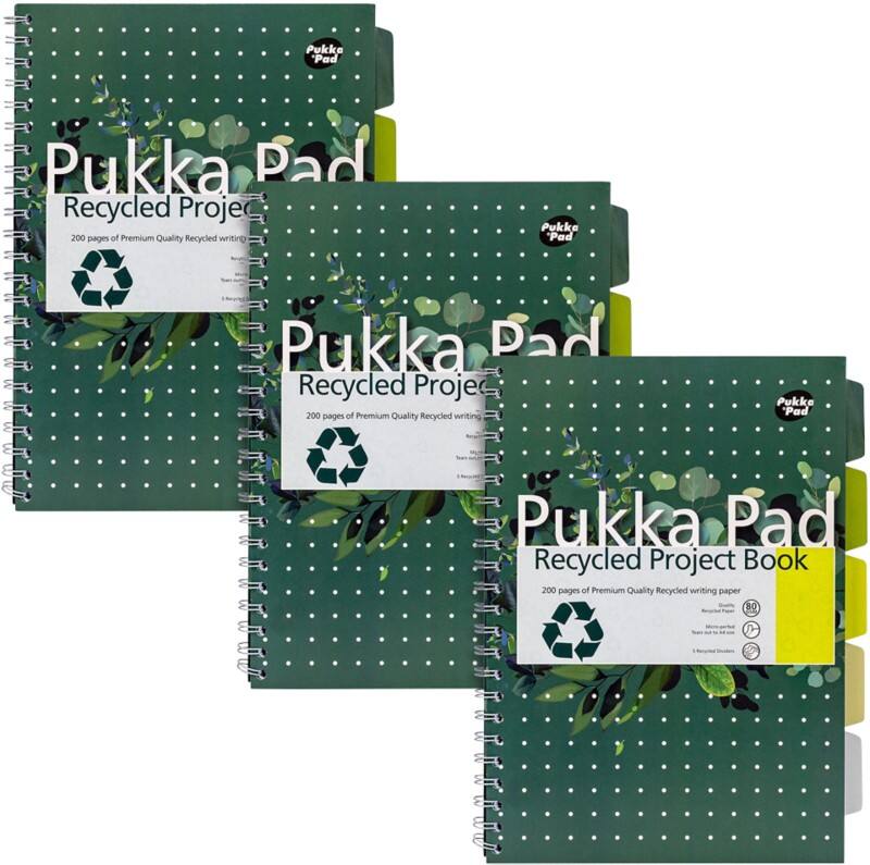 Cahier Pukka Recycled A4 Ligné Reliure à double fil Reliure latérale Carton Dos cartonné Vert Perforé 200 Pages 3 Unités de 200 Feuilles