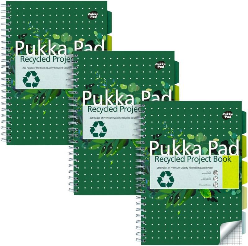 Cahier Pukka Recycled A4 Quadrillé Reliure à double fil Reliure latérale Carton Dos cartonné Vert Perforé 200 Pages 3 Unités de 200 Feuilles