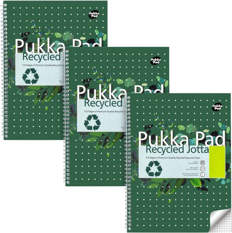 Cahier Pukka Recycled A4 Quadrillé Reliure à double fil Reliure latérale Carton Dos cartonné Vert Perforé 110 Pages 3 Unités de 110 Feuilles