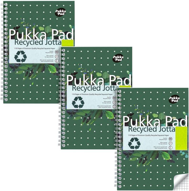 Cahier Pukka Recycled A5 Quadrillé Reliure à double fil Reliure latérale Carton Dos cartonné Vert Sans perforation 110 Pages 3 Unités de 110 Feuilles