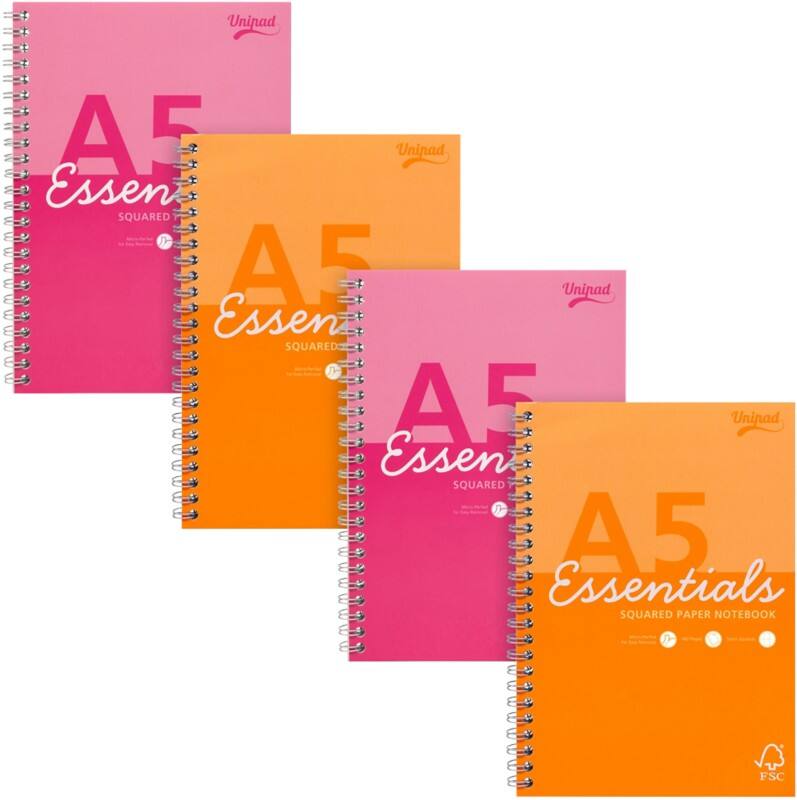 Cahier Pukka Essentials A5 Quadrillé Reliure à double fil Reliure latérale Carton Dos cartonné Assortiment Perforé 160 Pages 4 Unités de 160 Feuilles