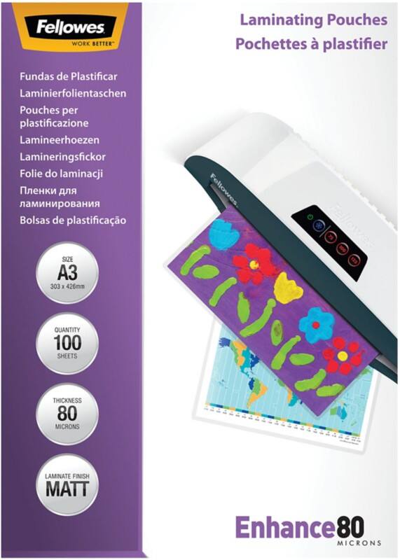 Pochettes de plastification Fellowes Enhance A3 Non adhésif Mat 80 microns (2 x 80) Transparent 100 unités