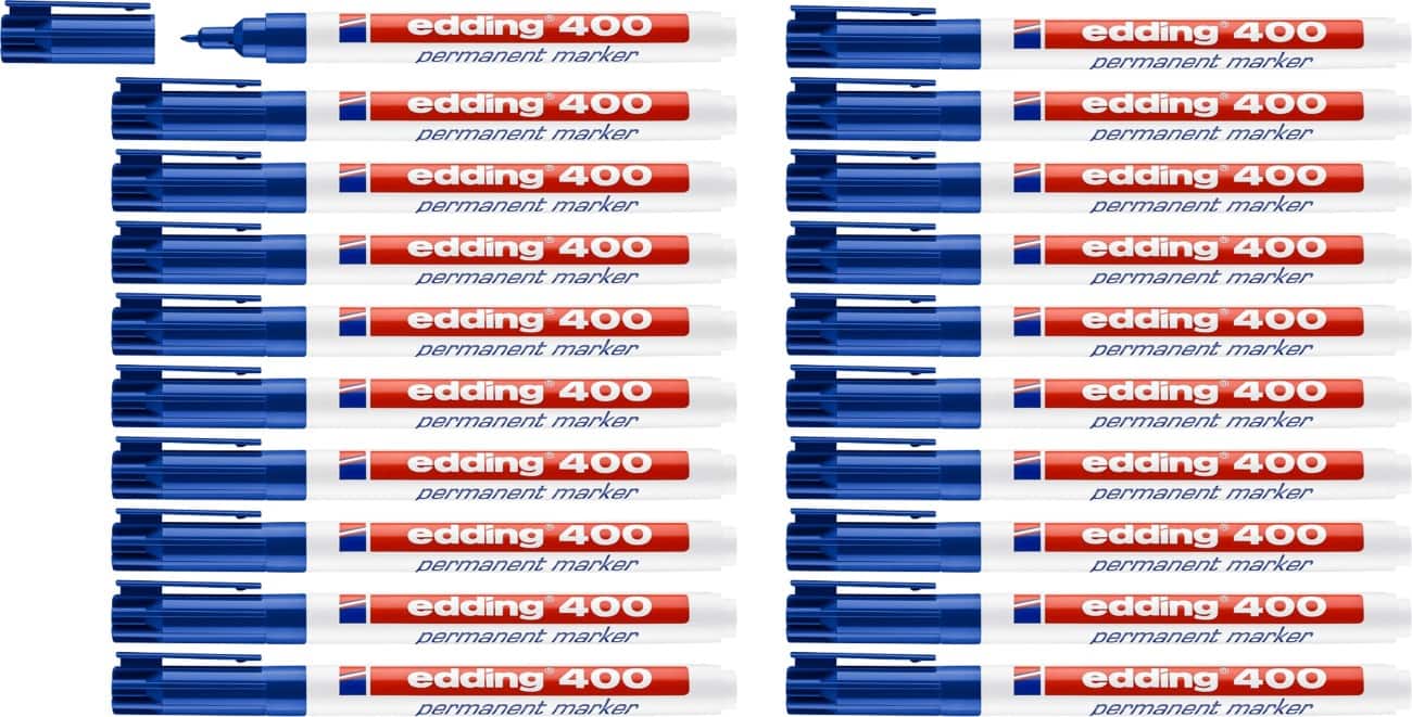 Marqueur permanent edding 400 Fin Rond 1 mm Bleu Rechargeable Résistant à l'eau 16 + 4 OFFERT