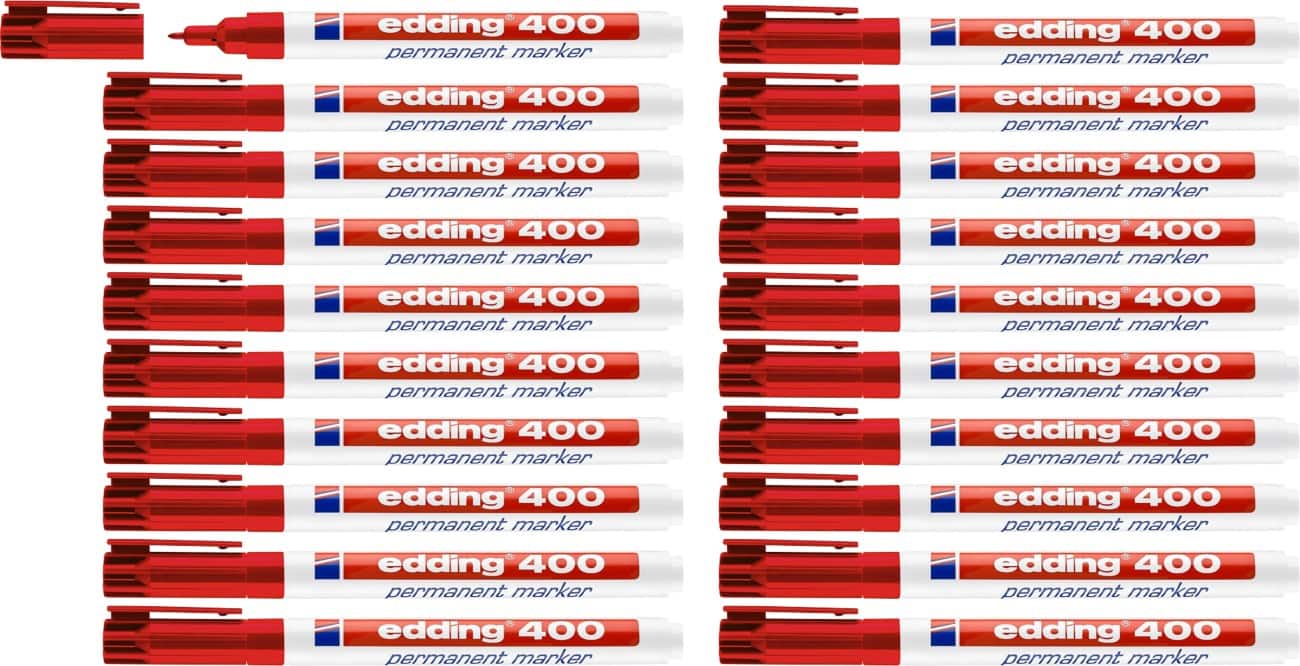 Marqueur permanent edding 400 Fin Rond 1 mm Rouge Rechargeable Résistant à l'eau 16 + 4 OFFERT
