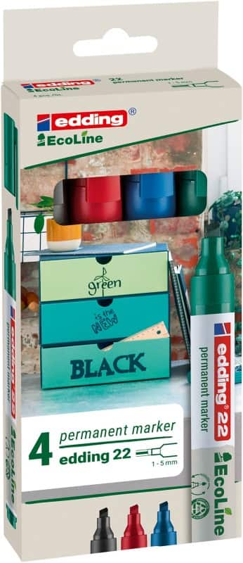 Marqueur permanent edding ecoline E-22 Biseauté - 5 mm Assortiment Rechargeable 4 Unités