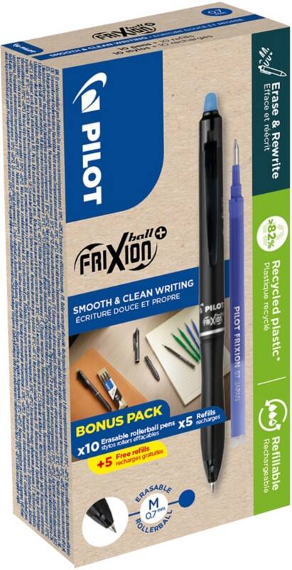 Stylo roller Pilot FriXion Ball Plus Bleu 0,4 mm Moyen Rollerball 82 % recyclé 10 unités + 10 recharges