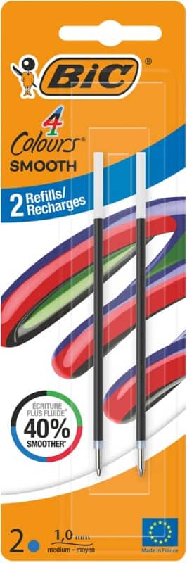 Recharge pour stylo-bille BIC 4 couleurs 0,32 mm Moyen Bleu 2 unités