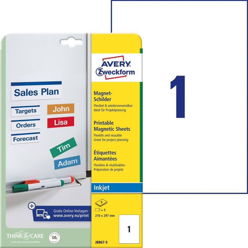 Étiquettes magnétiques Avery J8867-5 210 x 297 mm Blanc Rectangulaire 5 Feuilles de 1 Étiquettes