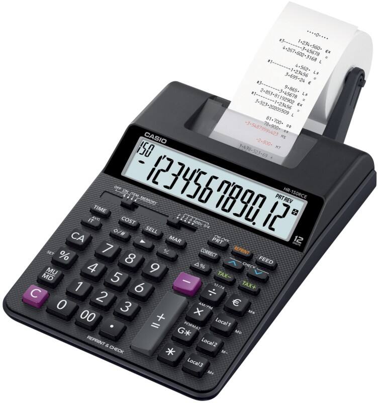 Calculatrice imprimante Casio 12 chiffres Noir AC, Pile HR-150RCE