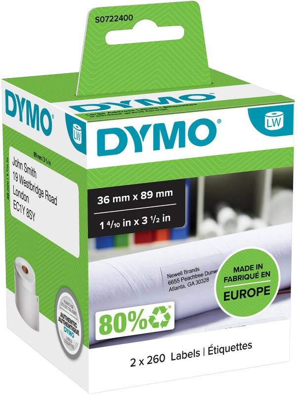 Étiquettes d’expédition Dymo LW S0722400 / 99012 d’origine, larges, autocollantes Blanc 36 x 89 mm 260 Étiquettes Paquet de 2