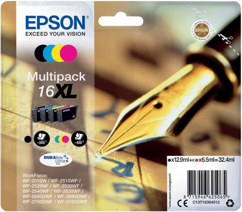 Cartouche jet d'encre Epson 16XL D'origine C13T16364012 Cyan, jaune, magenta, noir Multipack 4 Unités
