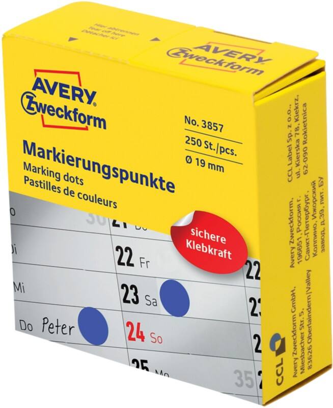 Pastilles autocollantes Avery 3857 Adhésif Spécial Bleu 250 Unités