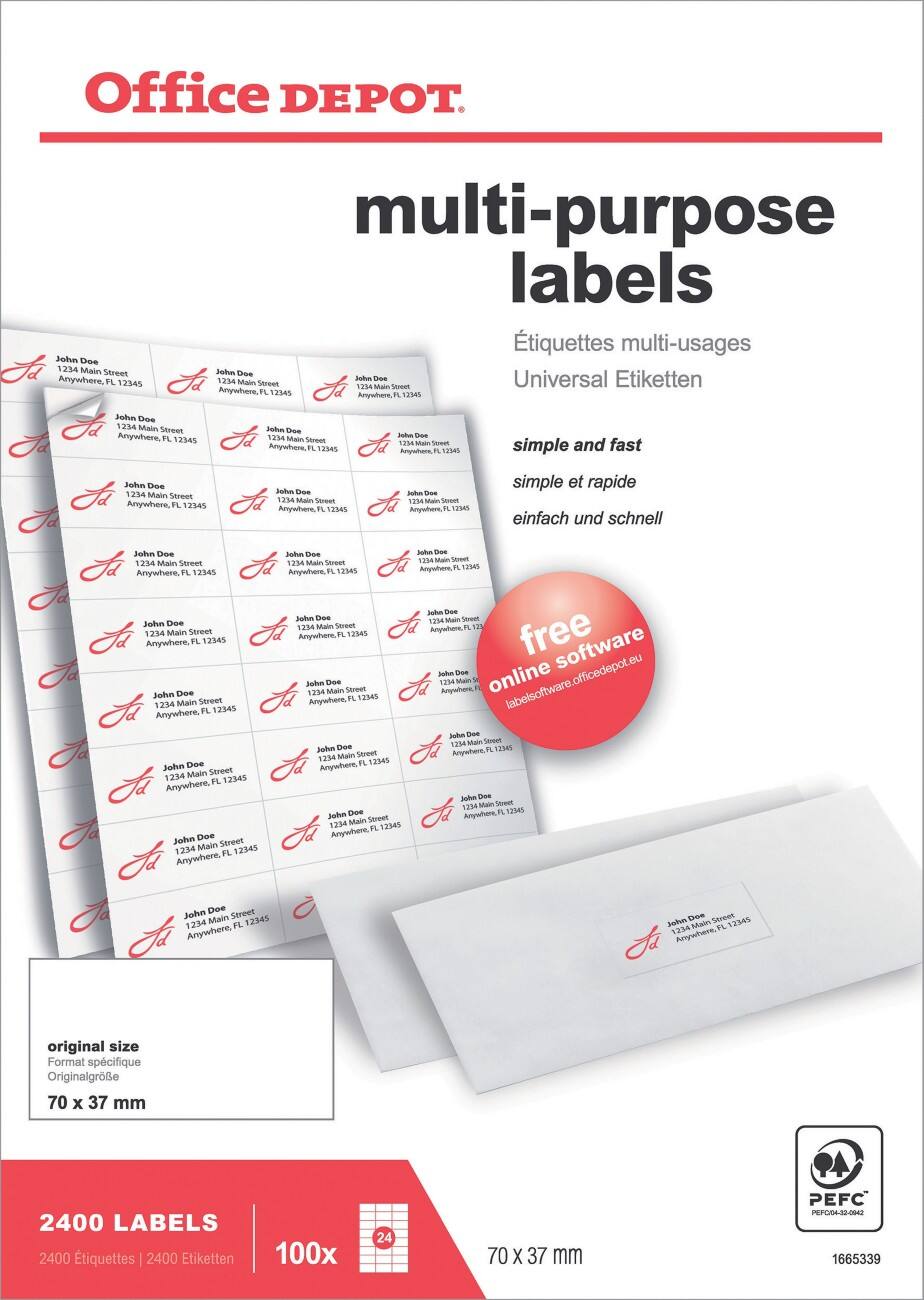 Étiquettes multi-usages Office Depot Autocollantes 70 x 37mm Blanc 100 Feuilles de 24 Étiquettes