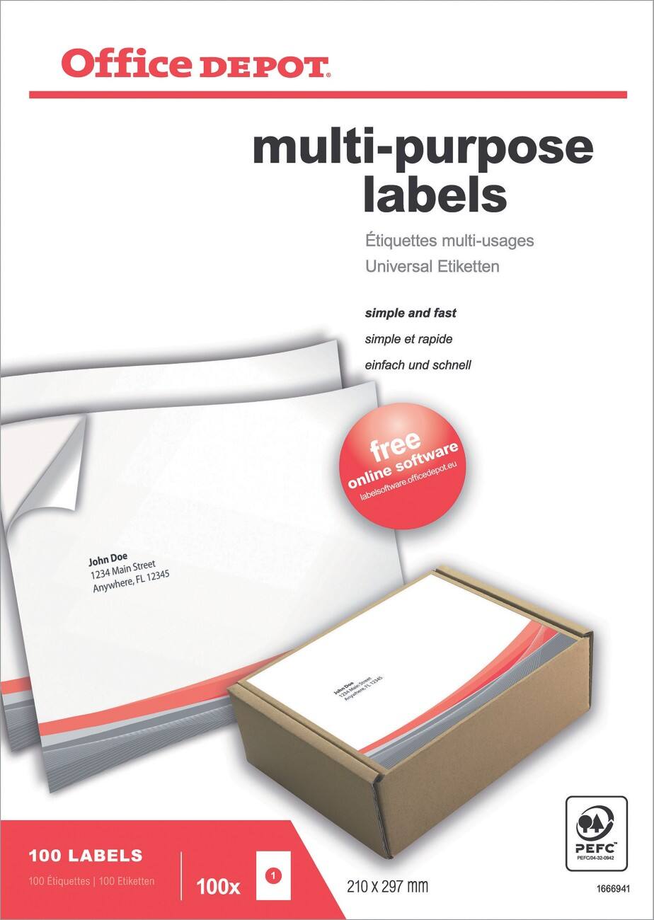 Étiquettes universelles Office Depot Coins droits A4 Blanc 210 x 297 mm 100 Feuilles de 1 Étiquettes