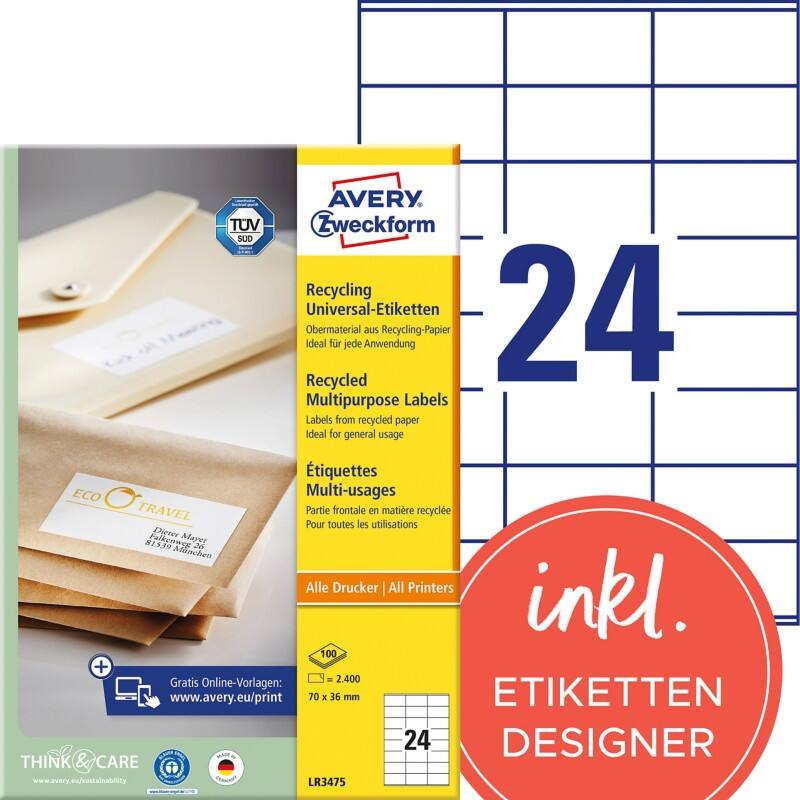 Étiquettes universelles Ultragrip Avery LR3475 Adhésif A4 Blanc 70 x 36 mm 100% Recyclé 100 Feuilles de 24 Étiquettes