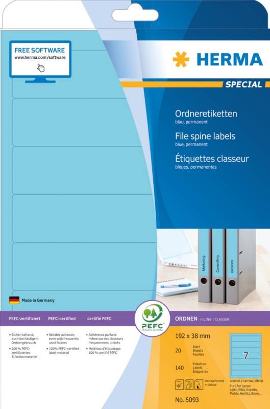 Étiquettes pour dos de classeur HERMA 5093 Bleu Rectangulaires A4 192 x 38 mm 20 feuilles de 7 étiquettes